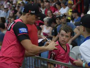 Action between the Sydney Sixers and Adelaide Strikers during the Big Bash League game in Coffs Harbour.