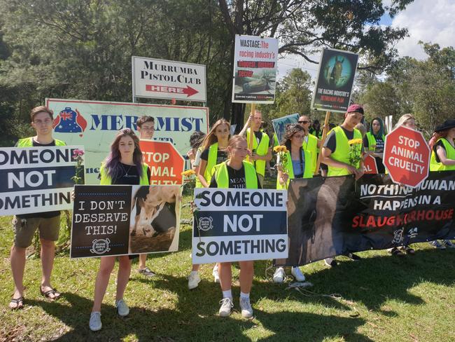 Animal rights activists outside one of the Caboolture abattoirs at the centre of the ABC television program.