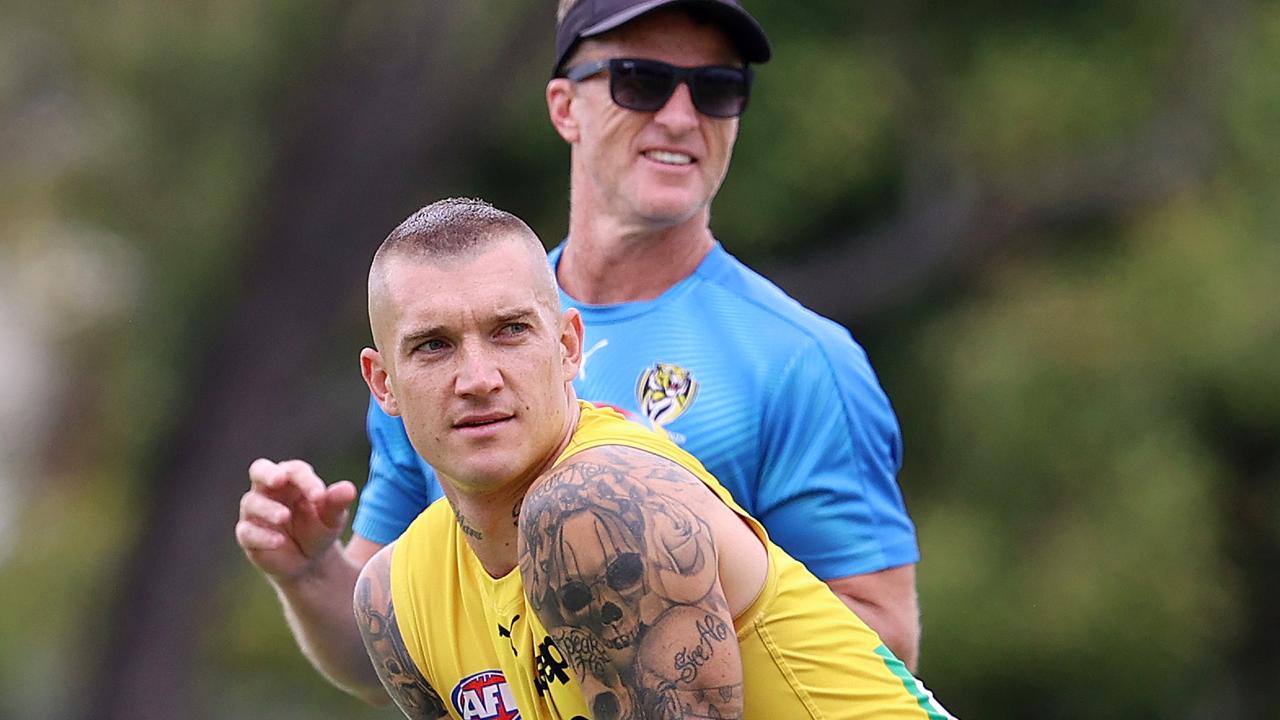 Damien Hardwick says he still doesn’t know when Dustin Martin will be back in action at the Tigers. Picture: Michael Klein