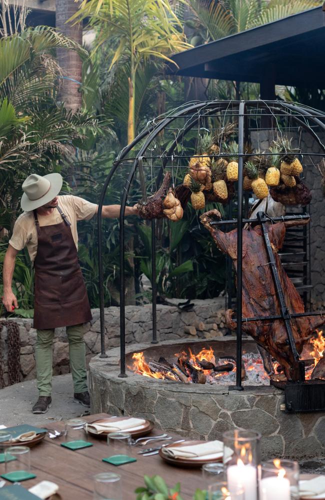 Charly Pretet of Noosaville-based Terra Firma Dining, cooks a banquet using only an fire at the Shelter Pererenan restaurant in Pererenan, Bali, Indonesia. Picture: Valeria Ramirez