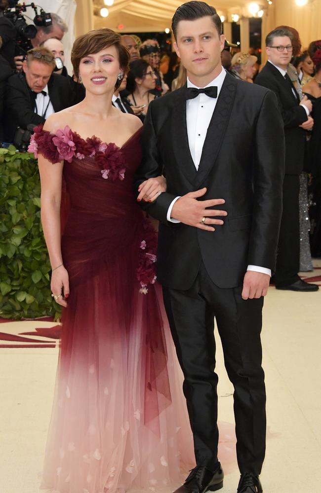 Scarlett Johansson, with Saturday Night Live star boyfriend Colin Jost, wore Marchesa, to the Met Ball this week. Picture: Getty