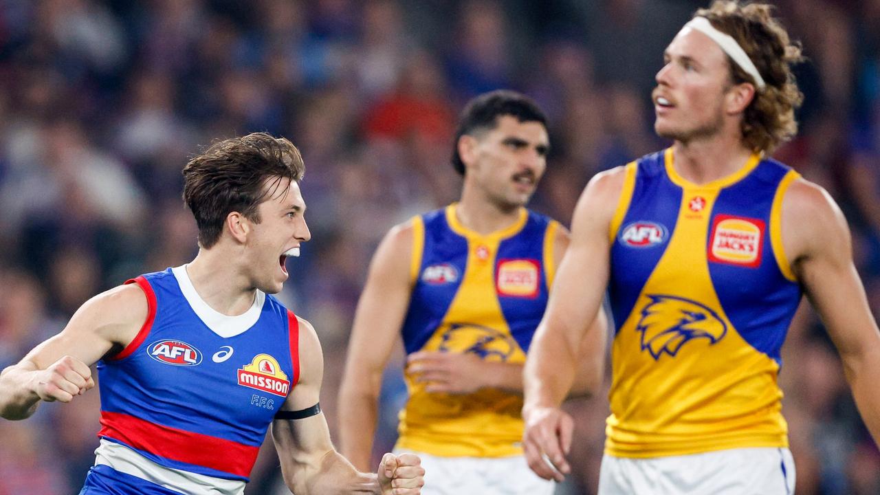 MELBOURNE, AUSTRALIA - MARCH 31: Harvey Gallagher of the Bulldogs celebrates a goal during the 2024 AFL Round 03 match between the Western Bulldogs and the West Coast Eagles at Marvel Stadium on March 31, 2024 in Melbourne, Australia. (Photo by Dylan Burns/AFL Photos via Getty Images)