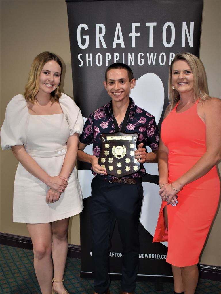 Clarence Valley Senior Sportserson of the Year Mitch Christiansen with Grafton Shoppingworld's Lauren Duguid and Chrystal Davies at the 2020 Clarence Valley Sports Awards at Grafton District Services Club on Saturday, 14th November, 2020. Photo Bill North / The Daily Examiner