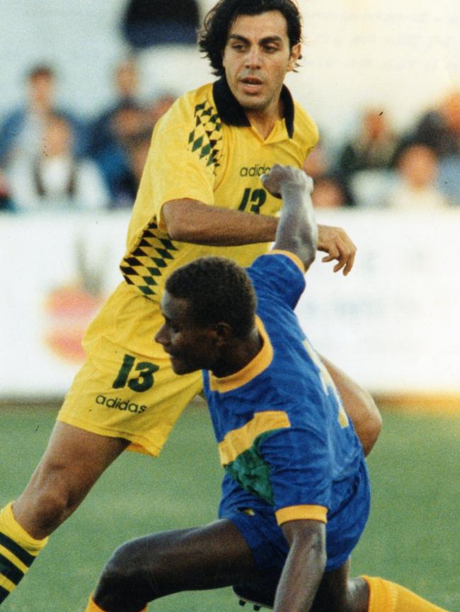 Ross Aloisi playing as an Olyroo against Solomon Islands at the Oceania qualifying tournament at Hindmarsh Stadium in 1996.