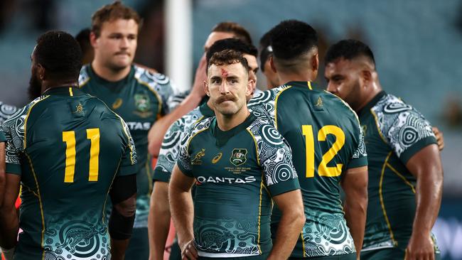 Nic White and the Wallabies looks dejected after losing the Bledisloe Cup Picture: Getty Images