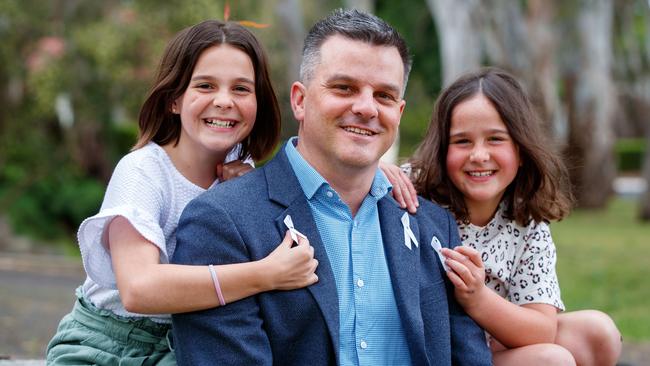 CEO of the White Ribbon Foundation, Brad Chilcott with his children Heidi 8 and Chloe 11 (white top) on November 4, 2020 in Ridgehaven. Picture Matt Turner.