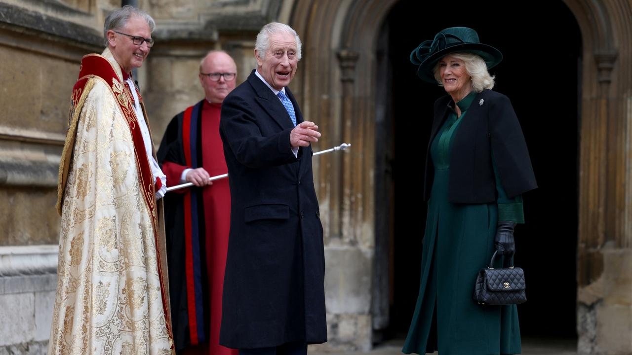 King Charles and Queen Camilla arriving for the Easter service at Windsor Castle. Picture: Hollie Adams/Getty Images