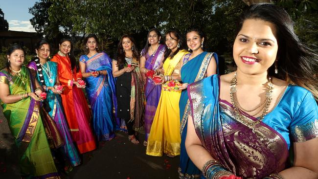 Rupa, Shubhangi, Suchitra, Sindhi, Palak, Vineela, Divya, Kirti and Kuki will take part in this year’s Footscray Diwali. Picture: Hamish Blair