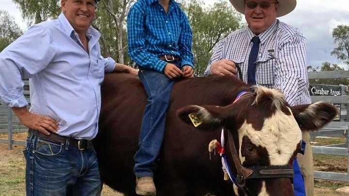 WINNING PET: Mitchell Show Society president Steve Hancock with pet parade winners Cooper Campbell and Squeaky, alongside Wayne Crompton. Picture: Mitchell Show