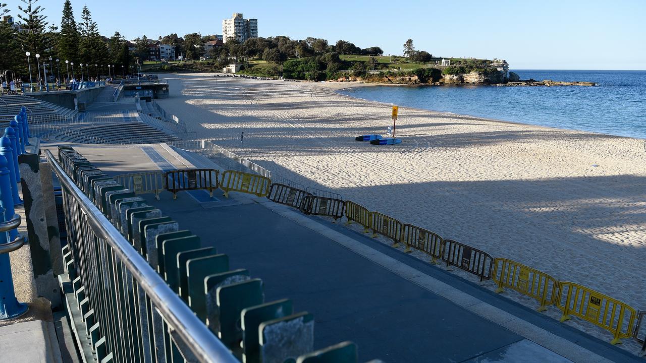 An empty Coogee Beach in Sydney yesterday, when Randwick City Council banned all activities taking place 0n the beach. Picture: Bianca De Marchi/AAP