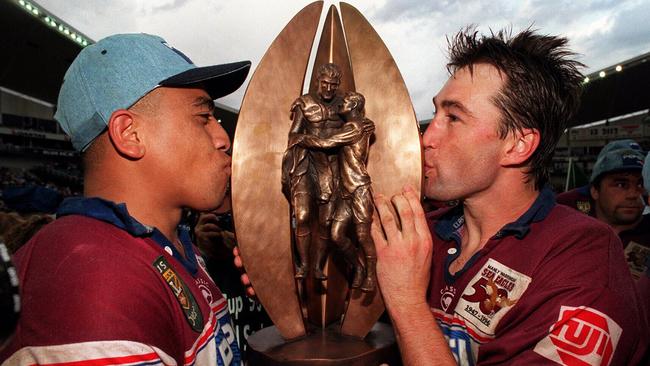 John Hopoate (L) &amp; Terry Hill celebrate Manly’s 1996 premiership.