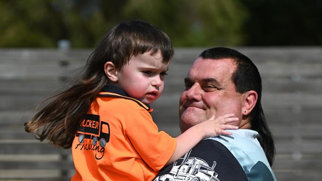 Kid Mullet Cup nominee, Maverick (3) with Dad Andrew Sroka who also rocks a mullet. Photo: Naomi Jellicoe