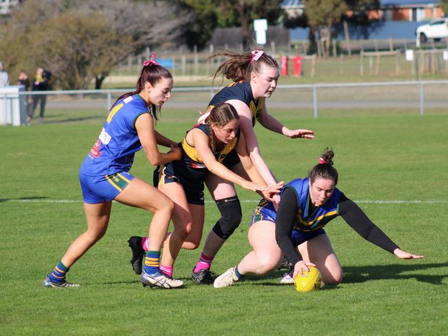 SFLW Community League - Action from Sorell v St Virgils during the annual Pink Sock-Carolyn Birch Memorial Match. Picture: Jake Garland
