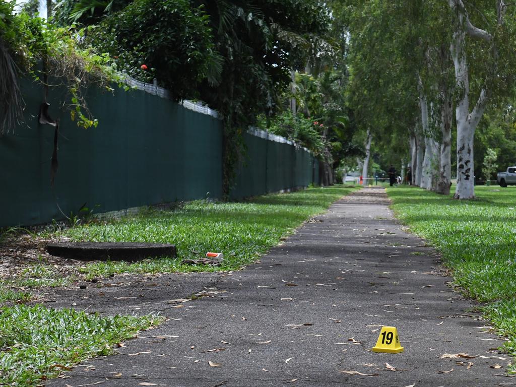 Police markers are out on the path where the alleged police shooting of a young Aboriginal man happen in Palmerston suburb of Gray. Picture: (A)manda Parkinson