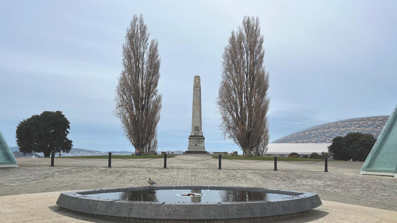 Renders showing the impact of the proposed Macquarie Point stadium from the Hobart Cenotaph released by the Macquarie Point Development Corporation.