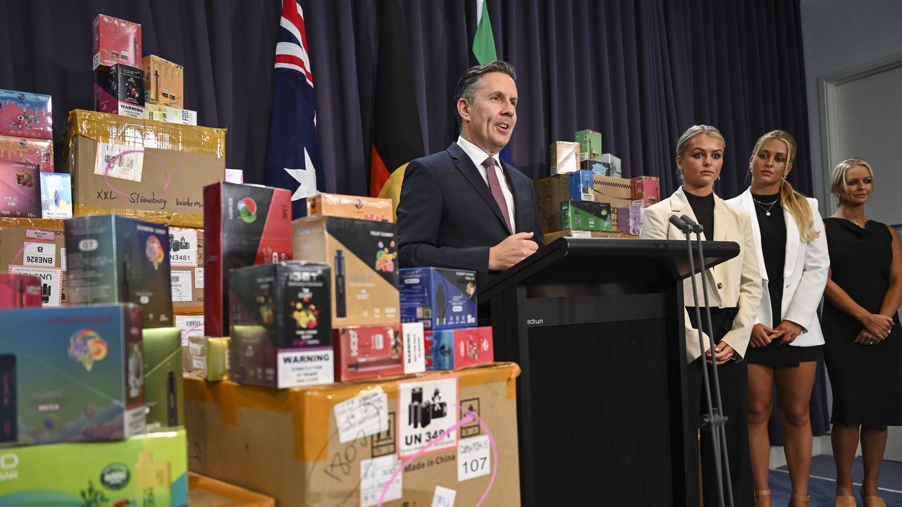 Health Minister Mark Butler holds a press conference on the next steps of vaping reform and launch an influencer-led youth vaping campaign with Zahlia and Shyla Short at Parliament House in Canberra. Picture: NCA NewsWire / Martin Ollman