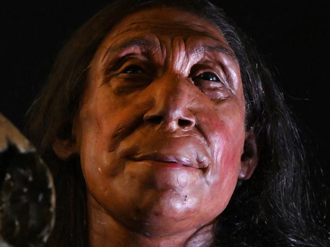 A picture shows the rebuilt skull and a physical reconstruction of the face and head, of a 75,000-year-old Neanderthal woman, named Shanidar Z, after the cave in Iraqi Kurdistan where her skull was found in 2018, at the University of Cambridge, eastern England, on April 25, 2024. A UK team of archaeologists on Thursday revealed the reconstructed face of a 75,000-year-old Neanderthal woman as researchers reappraise the perception of the species as brutish and unsophisticated. Emma Pomeroy, the Cambridge palaeo-anthropologist who uncovered Shanidar Z, said finding her skull and upper body had been both "exciting" and "terrifying". Named Shanidar Z after the cave in Iraqi Kurdistan where her skull was found in 2018, the latest discovery has led experts to probe the mystery of the forty-something Neanderthal woman laid to rest in a sleeping position beneath a huge vertical stone marker. (Photo by Justin TALLIS / AFP) / TO GO WITH AFP STORY by Helen ROWE