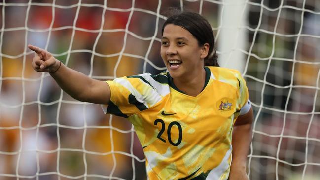 NEWCASTLE, AUSTRALIA - MARCH 06: Sam Kerr of the Australian Matildas celebrates a goal during the Women's Olympic Football Tournament Play-Off match between the Australian Matildas and Vietnam at McDonald Jones Stadium on March 06, 2020 in Newcastle, Australia. (Photo by Tony Feder/Getty Images)