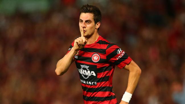 Tomi Juric of the Wanderers celebrates scoring a goal.