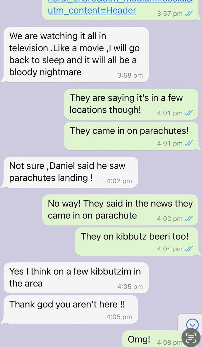 WhatsApp messages between Keren Lewinsohn and her family who were hiding in the safe room of their house in Kfar Aza.