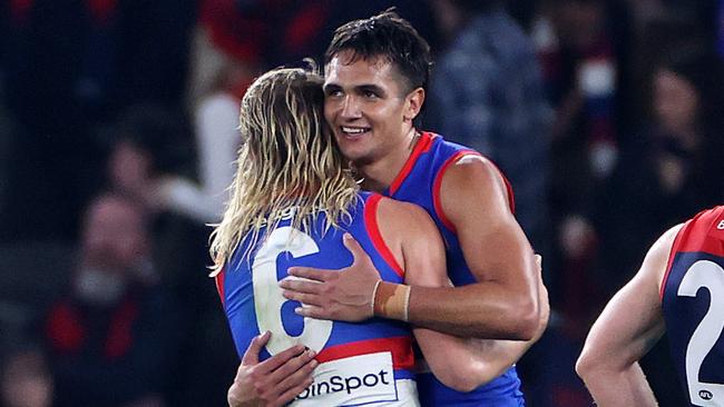 2022 AFL Football Round 19 - Western Bulldogs V Melbourne Demons at Marvel Stadium. Bailey Smith of the Bulldogs, Jamarra Ugle-Hagan of the Bulldogs celebrate on the siren. Picture: Mark Stewart