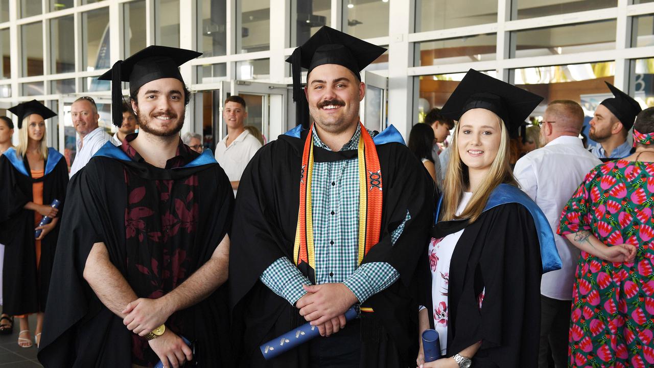 Jack Vombardieri, Lleyton Anderson and Cody Jackson at the James Cook University 2023 Graduation. Picture: Shae Beplate.