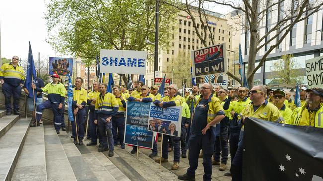 ASC United Unions rally at Parliament House in Adelaide earlier this month. Picture: Matt Loxton