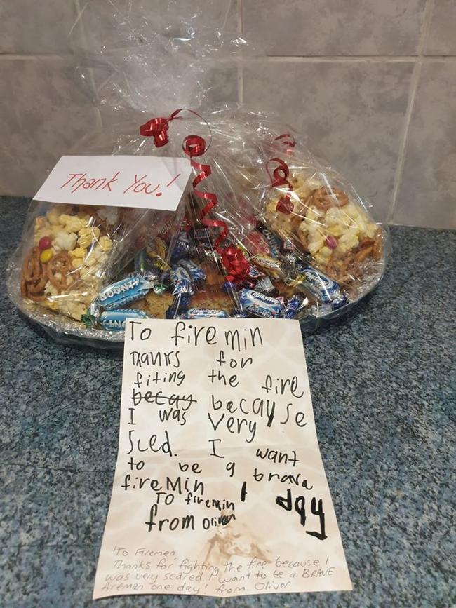 A heartwarming letter and hamper received by the Charmhaven RFS Brigade by a young boy named Oliver in the wake of the Charmhaven fire. Picture: supplied