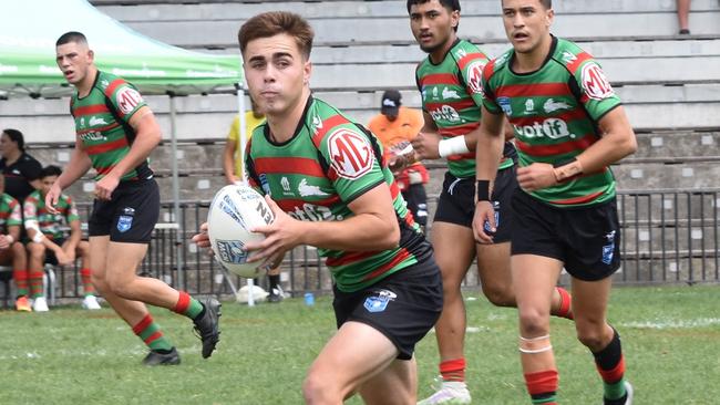 Matthew Humphries takes on the line. Picture: Sean Teuma. NSWRL Junior Reps, SG Ball Cup round four, South Sydney Rabbitohs vs New Zealand Warriors at Redfern Oval, 25 February 2024