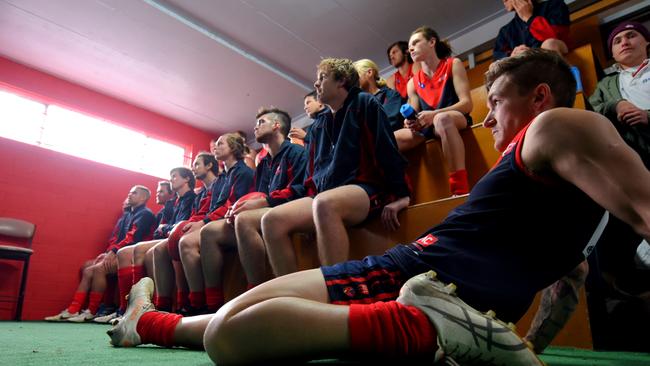 Players in the pre-game briefing room ahead of the match betwen Berri and Loxton at Berri Memorial Oval. Picture: BERNARD HUMPHREYS