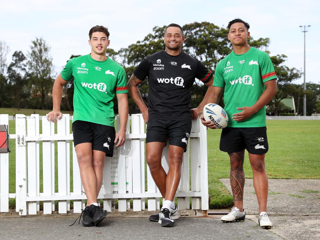 Rabbitohs legend John Sutton with youngsters Tallis Duncan (left) and Dion Teaupa (right). Picture: Richard Dobson