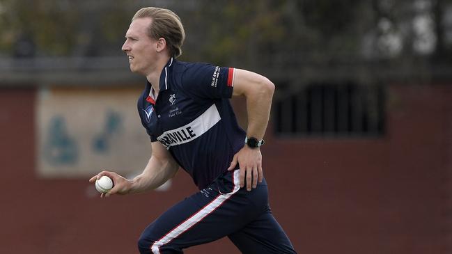 Yarraville captain-coach Matthew Grose charges in on Saturday. Picture: Andy Brownbill