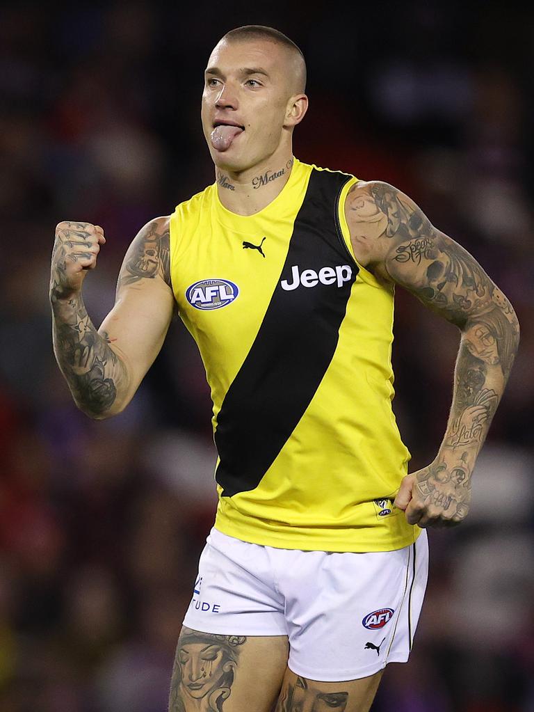 Dustin Martin celebrates a goal.