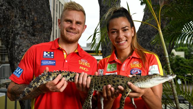 Gold Coast Suns players Brandon Ellis and Taylor Thorn in the NT earlier this year to promote their team and the AFL in the Territory. Picture: Che Chorley