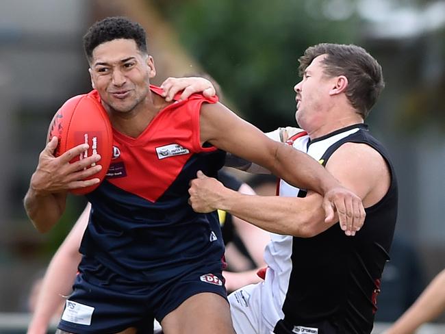 EDFL Football: Tullamarine v West Coburg at Tullamarine. Jacob Osei-Duro stands firm. Picture: Steve Tanner