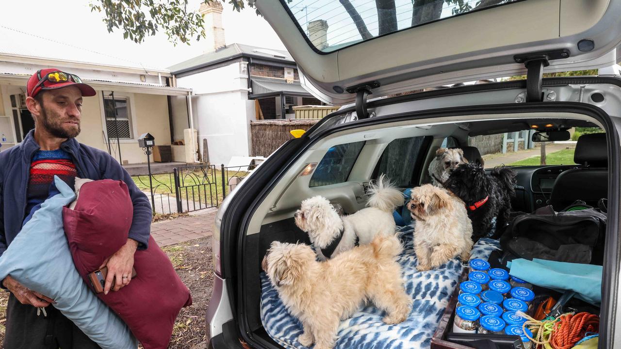 Hayden Patterson being forced out of home and moving into his car with his 5 dogs in October this year. Image/Russell Millard Photography