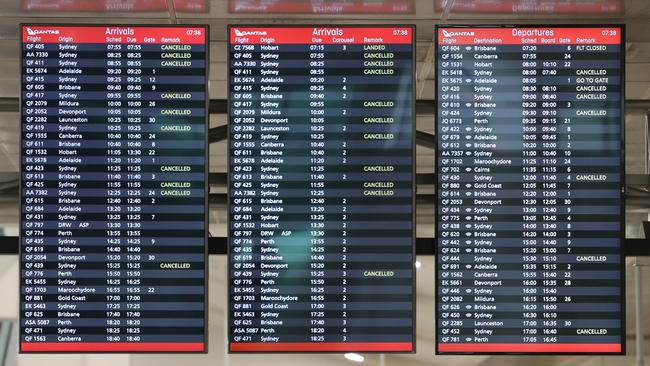 A list of cancelled flights after the latest COVID outbreak in Sydney. Picture: David Crosling