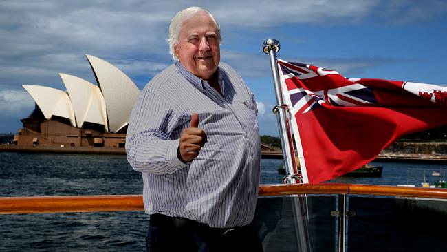 Mining Billionaire Clive Palmer aboard his superyacht in Sydney Harbour on Sunday. He is in Sydney for his defamation court case against WA Premier Mark McGowan. Picture: Jane Dempster