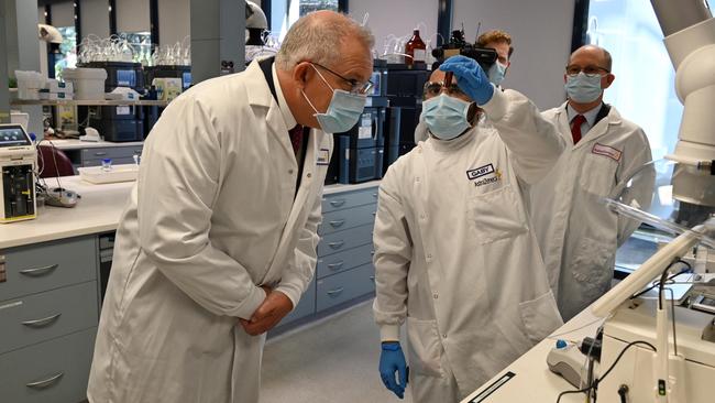 Prime Minister Scott Morrison at the Astra Zeneca laboratories in Macquarie Park after signing an agreement to produce the Oxford University COVID-19 vaccine. Picture: Nick Moir