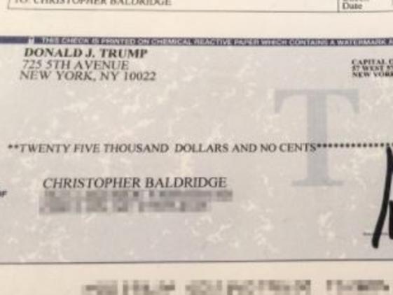 Chris Baldridge received a $25,000 personal cheque from Donald Trump after the US president promised him the money following his son's (Sgt. Dillon Baldridge) death. Picture: Twitter