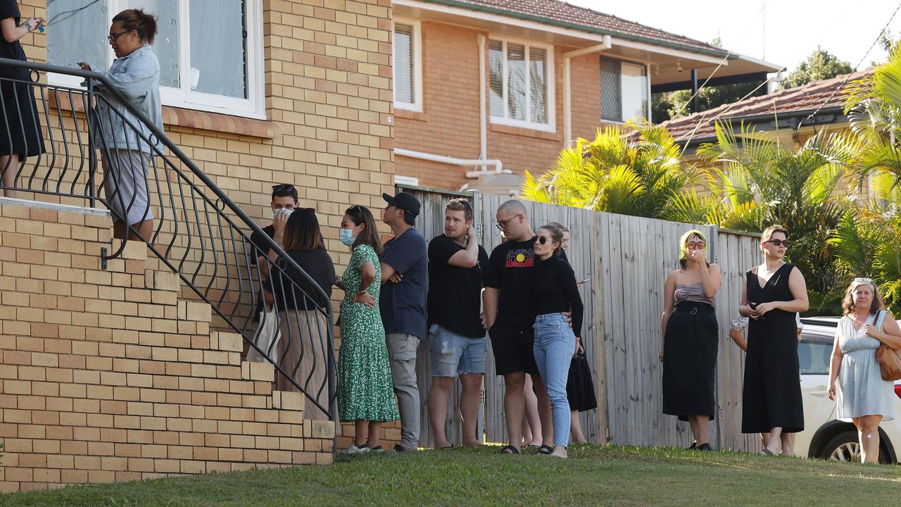 Queues to view rental properties are long – like this one in Tarragindi, Brisbane – as low stock increases demand. Picture: Liam Kidston