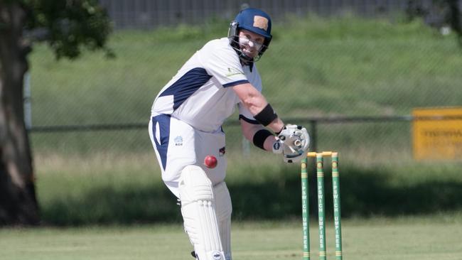 Laidley batsman Ben O'Connell taking charge in the first division cricket grand final. Picture: Gary Reid