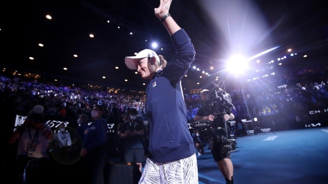 Barty soaking up the atmosphere of the crowd as she did a lap of honour with the trophy. Picture: Graham Denholm/Getty Images