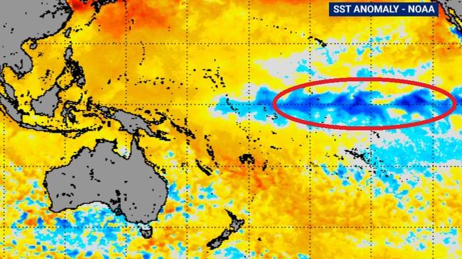 To Australia’s east a large patch of cooler ocean is fuelling a likely La Nina event that can lead to more rain for the continent. Picture: Sky News Weather.