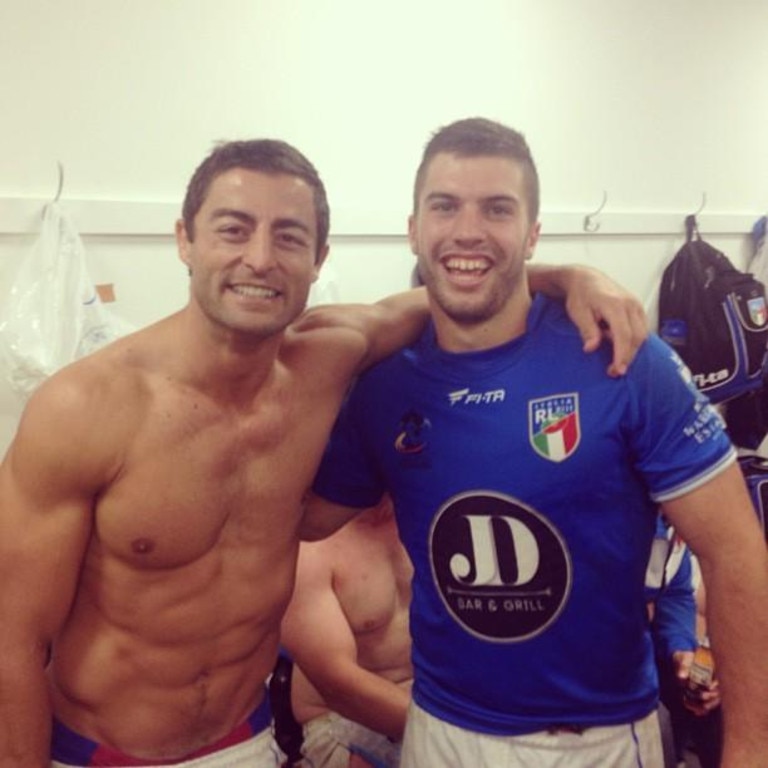 James Tedesco with Anthony Minichiello after his debut for Italy in 2013.