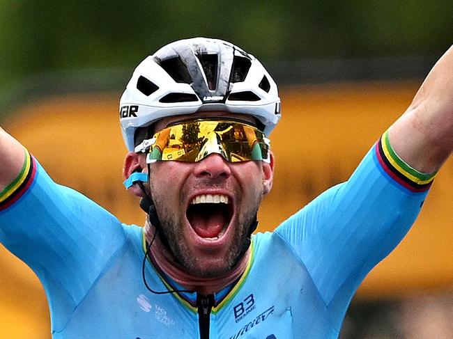 SAINT VULBAS, FRANCE - JULY 03: (EDITOR'S NOTE: Alternate crop) Mark Cavendish of The United Kingdom and Astana Qazaqstan Team celebrates at finish line as stage winner during the 111th Tour de France 2024, Stage 5 a 177.4km stage from Saint-Jean-de-Maurienne to Saint Vulbas / #UCIWT / on July 03, 2024 in Saint Vulbas, France. (Photo by Dario Belingheri/Getty Images)