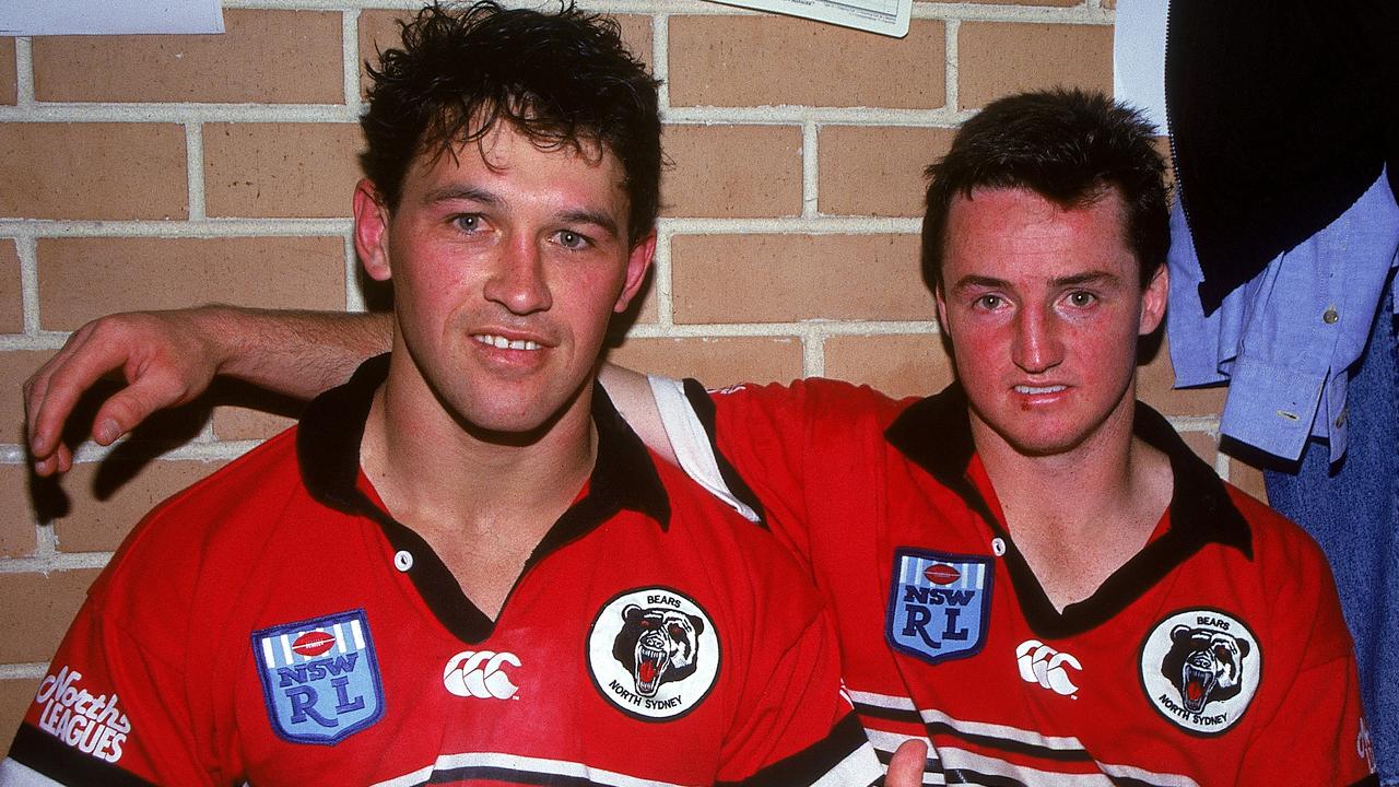 SYDNEY, AUSTRALIA - 1993: Sean Hoppe and Jason Taylor of the North Sydney Bears celebrates after a NSWRL finals match at the Sydney Football Stadium 1993, in Sydney, Australia. (Photo by Getty Images)