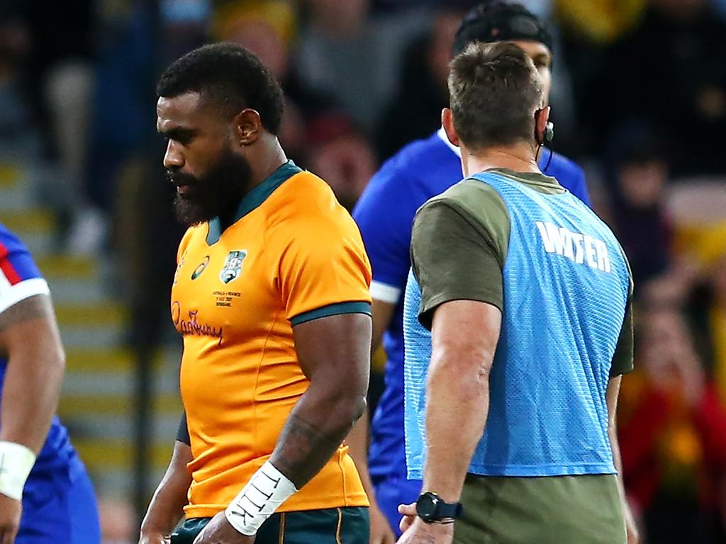 Koroibete (left) left the field early in the contest. Picture: Jono Searle/Getty Images