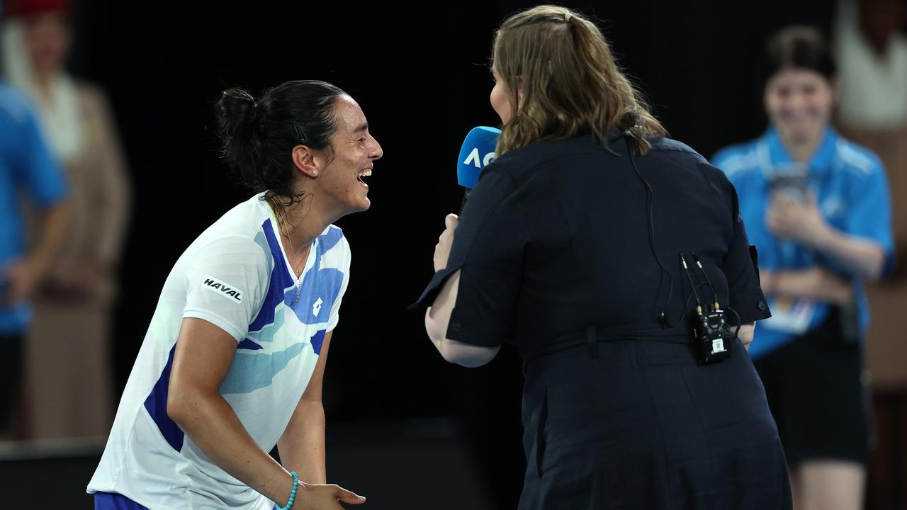 Ons Jabeur has a laugh during her post-match interview.