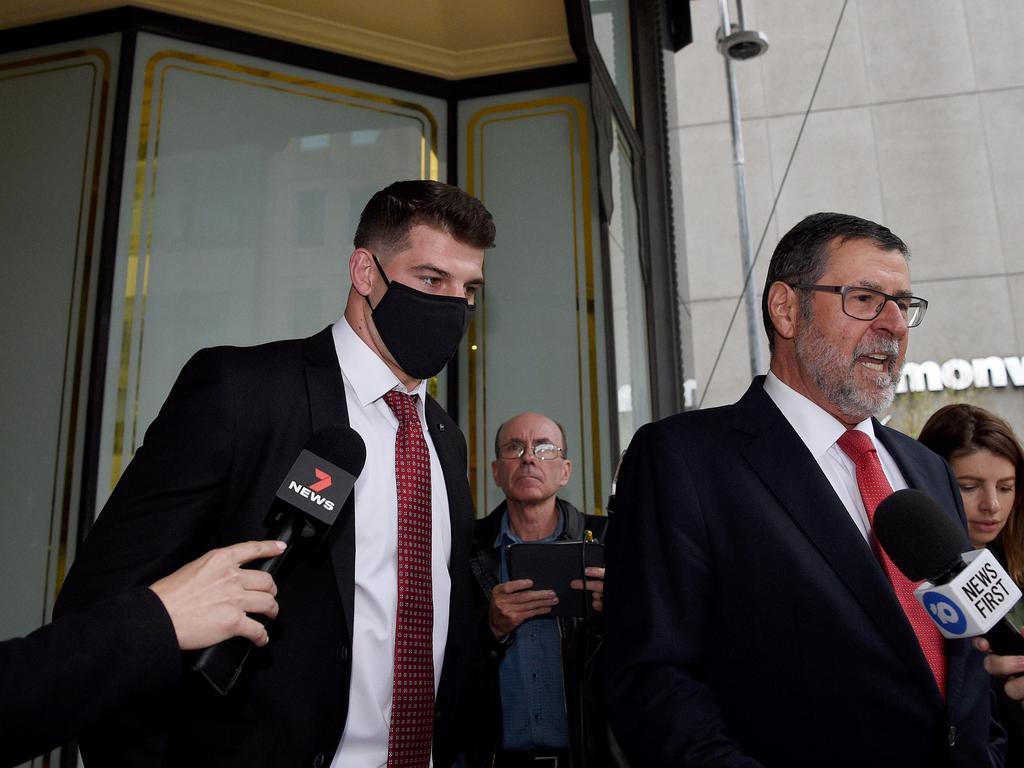 Curtis Scott (left) and lawyer Sam Macedone speak to media. Picture: NCA NewsWire/Bianca De Marchi